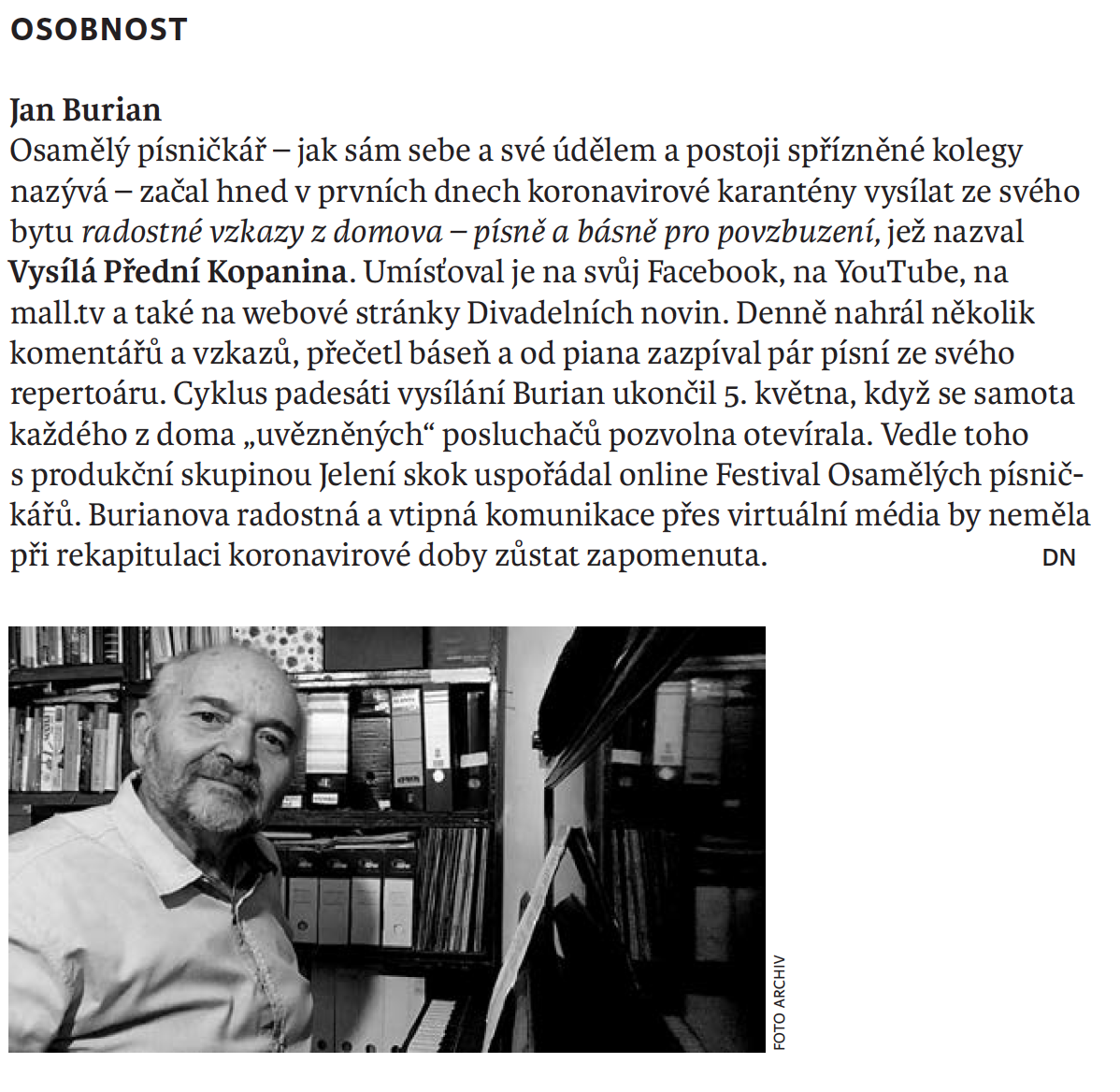 Jan Burian – „osobnost měsíce“ Divadleních novin